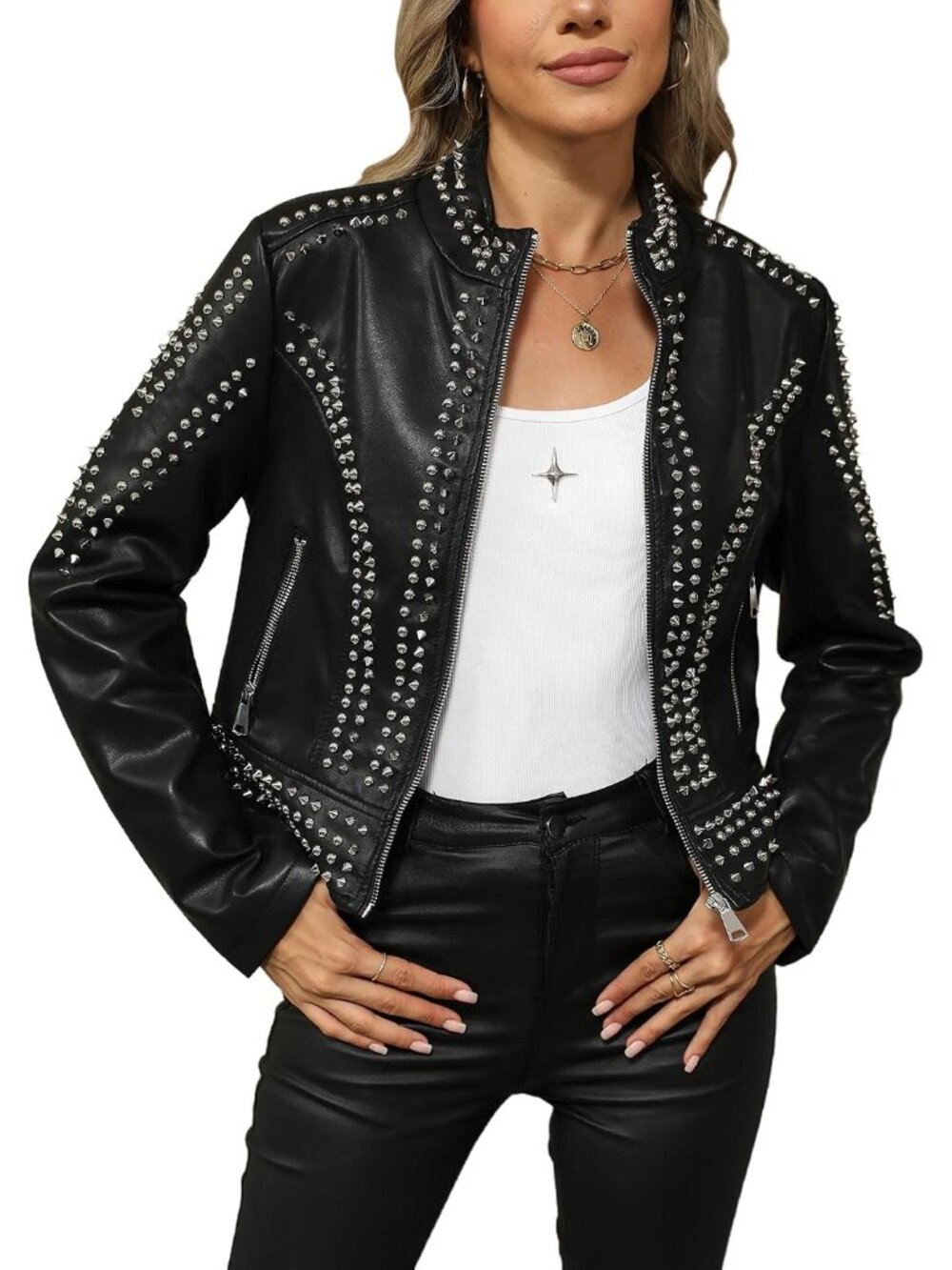 Women's Stand Collar Black Leather Moto Studded Rivet Jacket With Zipper Pockets